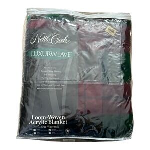Nettle Creek Luxureweave Blanket Green Maroon Plaid 90x90 Loom Weave USA NOS NEW